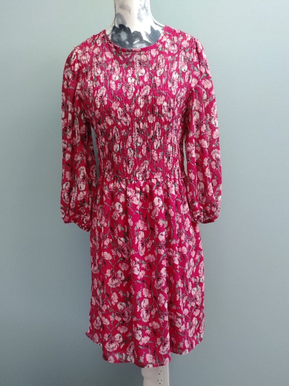 Nicole Miller Smocked Floral Pink-Red Long-Sleeve Dress, size S